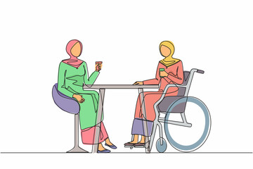 Poster - Single continuous line drawing two Arabian businesswomen talk at business meeting. Colleagues have coffee break. Disability male drinks coffee with her friend. One line draw design vector illustration