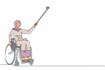 Poster - Continuous one line drawing Arabian female young wheelchair user taking selfie with phone and stick. Society and disabled people community concept. Single line draw design vector graphic illustration
