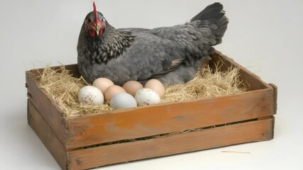 Poster - Grey hen sits protectively on a clutch of colorful eggs nestled in straw within a rustic wooden crate, showcasing a quintessential farm scene against a clean white backdrop