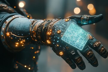 Poster - Futuristic cybernetic hand displays holographic interface in urban setting at night