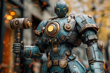 Poster - Robotic figure stands in a bustling street with autumn leaves, showcasing intricate design and bold colors