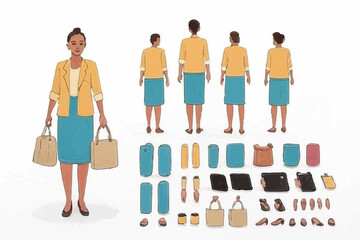 Poster - Casual business woman holding smartphone. Character constructor for animation. Front, side and back view set. Body parts, postures, poses collection. Vector illustration
