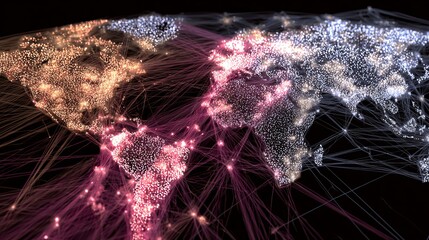 Poster - Global Network Connections Digital World Map Abstract Technology Background Illuminated Cities International Communication Lines Worldwide Network Data Visualization Pink Purple   