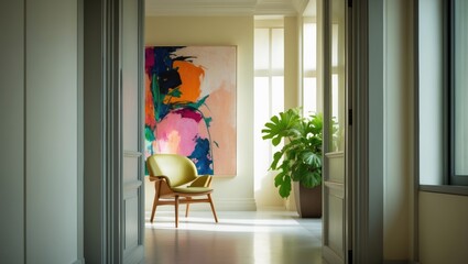 Poster - Contemporary Nordic-style apartment showcasing gray and white tones, wooden floor, and art pieces