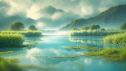 Wall Mural - Serene Mountain Lake with Lush Greenery and Majestic Pines Under Blue Sky and Clouds for Blur Background