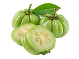 A still life shot showcasing fresh garcinia cambogia fruits with one sliced open on a white background