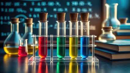 school science tools: chemical tubes on a wooden desk with a chalkboard background and digital formu