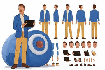 Poster - Fashionable business man holding tablet. Character constructor for animation. Front, side and back view set. Body parts, postures, poses collection. Vector illustration
