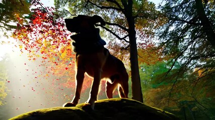 Wall Mural - canine wearing burgundy scarf perching confidently on rocky surface, surrounded by golden autumn fol