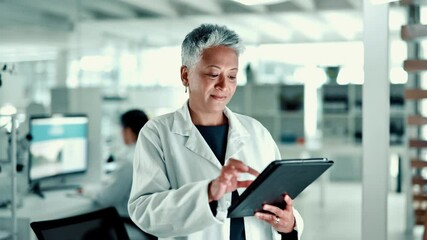 Poster - Laboratory, woman and scientist with tablet for report, investigate and scroll research for medical. Healthcare, mature person and doctor with tech for online study, information and results for test
