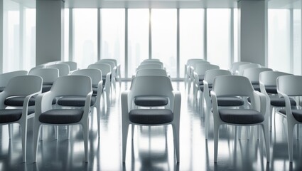 Poster - Contemporary conference room interior with white chairs and an organized seating layout.