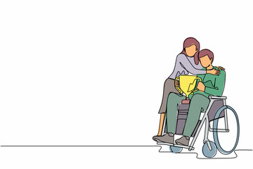 Poster - Single continuous line drawing disability man on wheelchair with trophy cup sharing his joy from achievements and victory with his wife. Disabled people success in sport. One line draw design vector