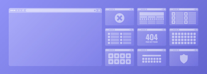 Fototapete - Web browser window, transparent pages layout with toolbar and search field. Modern website, internet page. Browser mockup for computer, tablet and smartphone. Adaptive UI. Vector illustration