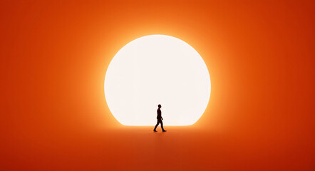 Poster - dark silhouette of a man in an orange tunnel . Generative AI