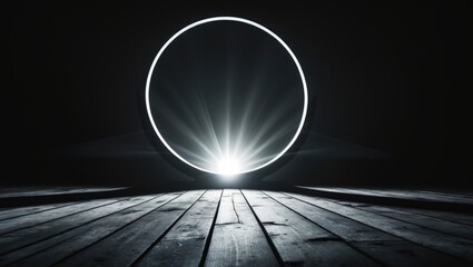 Wall Mural - Stage spotlight illuminating a dark room with a wooden floor