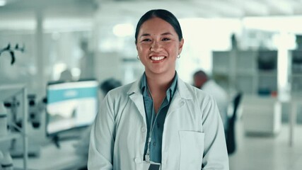 Poster - Face, scientist and woman in lab, research and healthcare with breakthrough, specialist and smile. Person, science and employee in workplace, experiment and happiness with pride and biotech expert