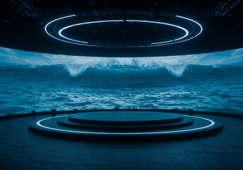 Poster - empty podium against ocean waves, digital abstraction . Generative AI