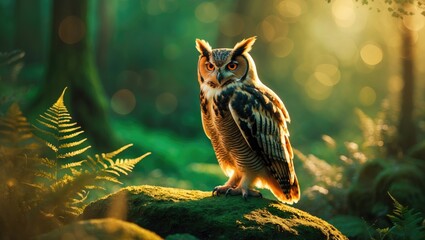 Wild eagle-owl sitting on a branch amidst forest scenery