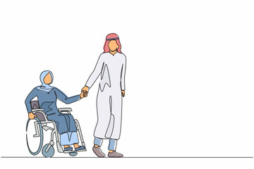 Poster - Single one line drawing Arabic husband walk the park with disabled wife, woman on wheelchair. Assistance in rehabilitation of disabled person. Lovely couple. Continuous line draw design graphic vector