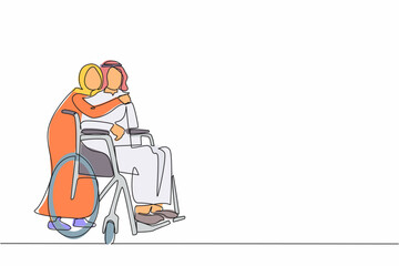 Poster - Single one line drawing Arabic man in wheelchair after car accident and his wife to give encouragement. Mutual care has made people with disabilities equality in society. Continuous line design vector