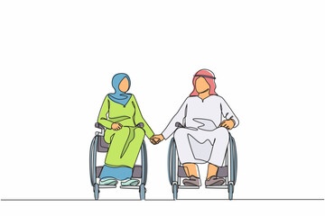 Poster - Continuous one line drawing disabled people on wheelchair living happy active lifestyle concept. Disabled Arab couple man woman in wheelchair sitting and holding hands. Single line draw design vector