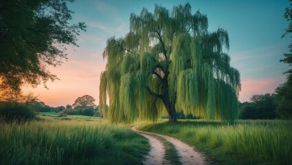 Wall Mural - Peaceful rural scenery featuring a willow tree beside a country road at summer sunset