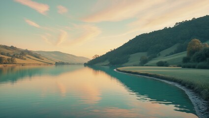 Poster - Aerial view of a mountain lake at sunset with green slopes along the shoreline