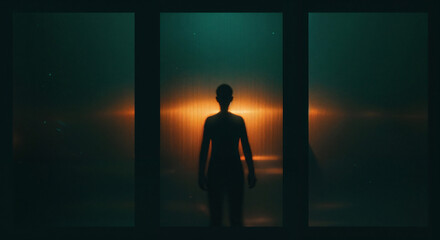 Poster - dark silhouette of a man behind glass panels . Generative AI