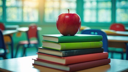 Poster - Educational setting with books and apple on desk