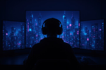a man wearing headphones in front of a computer screen.