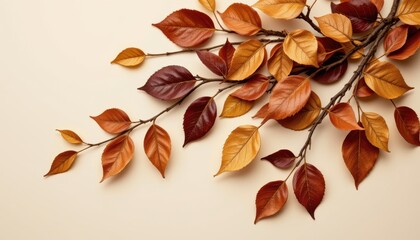 Wall Mural - Autumnal Branch with Vibrant Fall Leaves on Beige Background Perfect for Seasonal Designs and Thanksgiving Cards