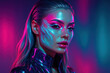 © Zarina - Woman with neon makeup and makeup brushes, creating vibrant and colorful artwork on her face.