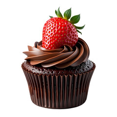 Poster - A chocolate cupcake with chocolate frosting and a strawberry on top isolated on transparent background