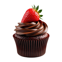 Poster - A chocolate cupcake with chocolate frosting and a strawberry on top isolated on transparent background
