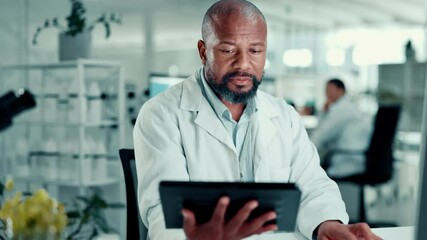 Poster - Man, scientist and reading with tablet in lab for medical research, plant experiment and report. Person, typing and computer for investigation, studying genetics and information of ecology innovation