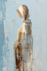 Poster - Abstract representation of a figure in soft colors against a textured blue background