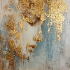 Poster - Abstract representation of a face with golden accents against a blue background in a dreamy space setting