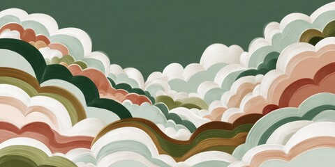 Poster - Colorful abstract landscape of swirling clouds in shades of green, peach, and cream set against a dark background