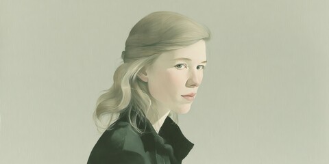 Poster - Abstract portrayal of a woman with soft features and a calm expression set against a muted background