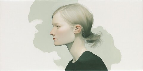 Poster - Profile view of a young woman with light hair in an abstract space background, evoking a serene and introspective atmosphere