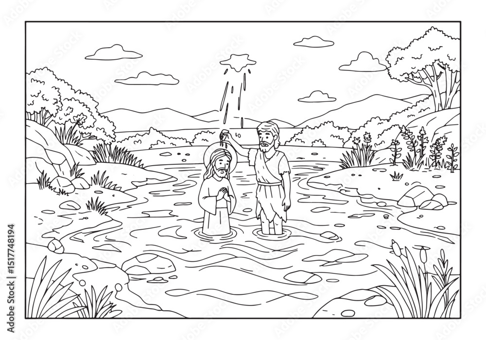 Jesus baptism by John the Baptist in Jordan River coloring page Stock ...
