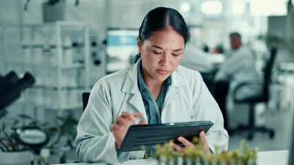 Poster - woman, scientist and review with tablet in lab for medical research, experiment and botany. person, 