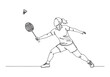 © Cici - Female badminton player in action continuous line drawing illust