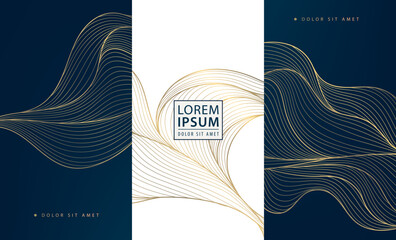 Aufkleber - Vector set of golden line wave backgrounds, abstract luxury label package, water premium japanese element. Glitter box design, art deco template.