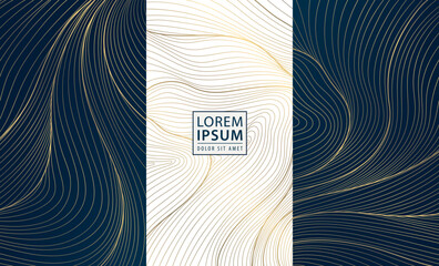 Aufkleber - Vector set of golden line wave backgrounds, abstract luxury label package, water premium japanese element. Glitter box design, art deco template.