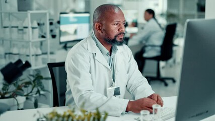 Poster - Man, scientist and computer with plants in lab for medical research, experiment and botany report. Male person, typing and online for investigation, study genes and information for ecology innovation