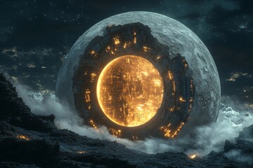 Poster - Futuristic city within a glowing moon structure surrounded by clouds at night