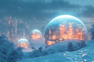 Poster - Futuristic cityscape encapsulated in transparent domes against a snowy landscape with glowing lights at dusk