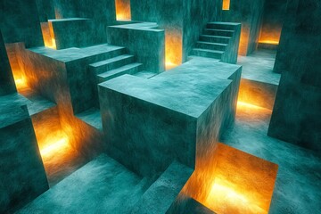 Poster - Intricate maze with glowing pathways in a surreal landscape at dusk