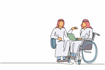 Poster - Single one line drawing employee with disabilities and inclusion work together. Disabled Arab male on wheelchair with coworker sit communicate using laptop. Continuous line draw graphic design vector